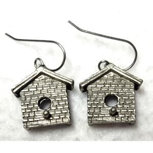 JIM CLIFT Pewter Birdhouse Dangle Earrings Signed Vtg Cabincore Cottage Fairy